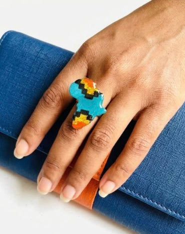Bague Afrique wax bleu turquoise