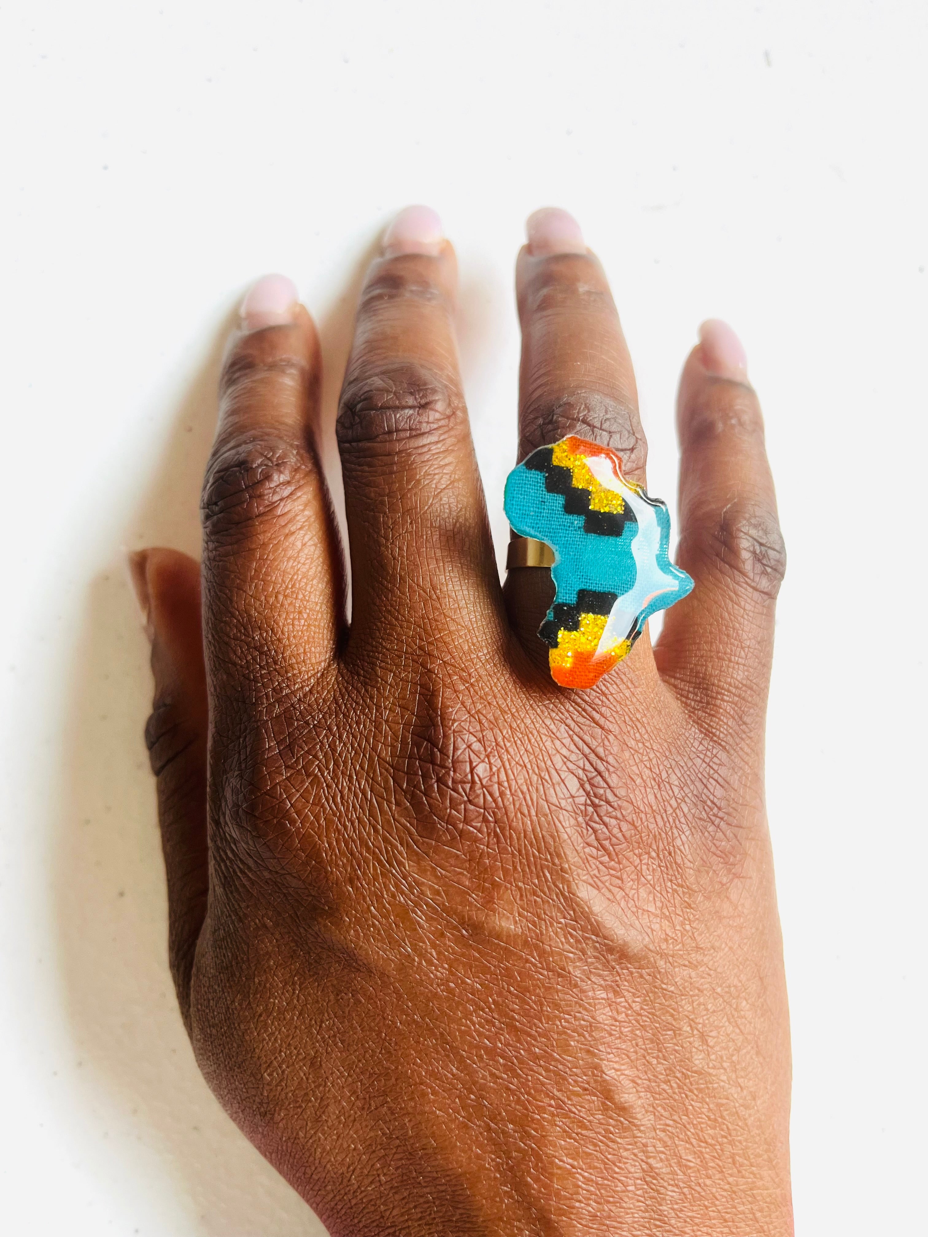 Bague Afrique wax bleu turquoise