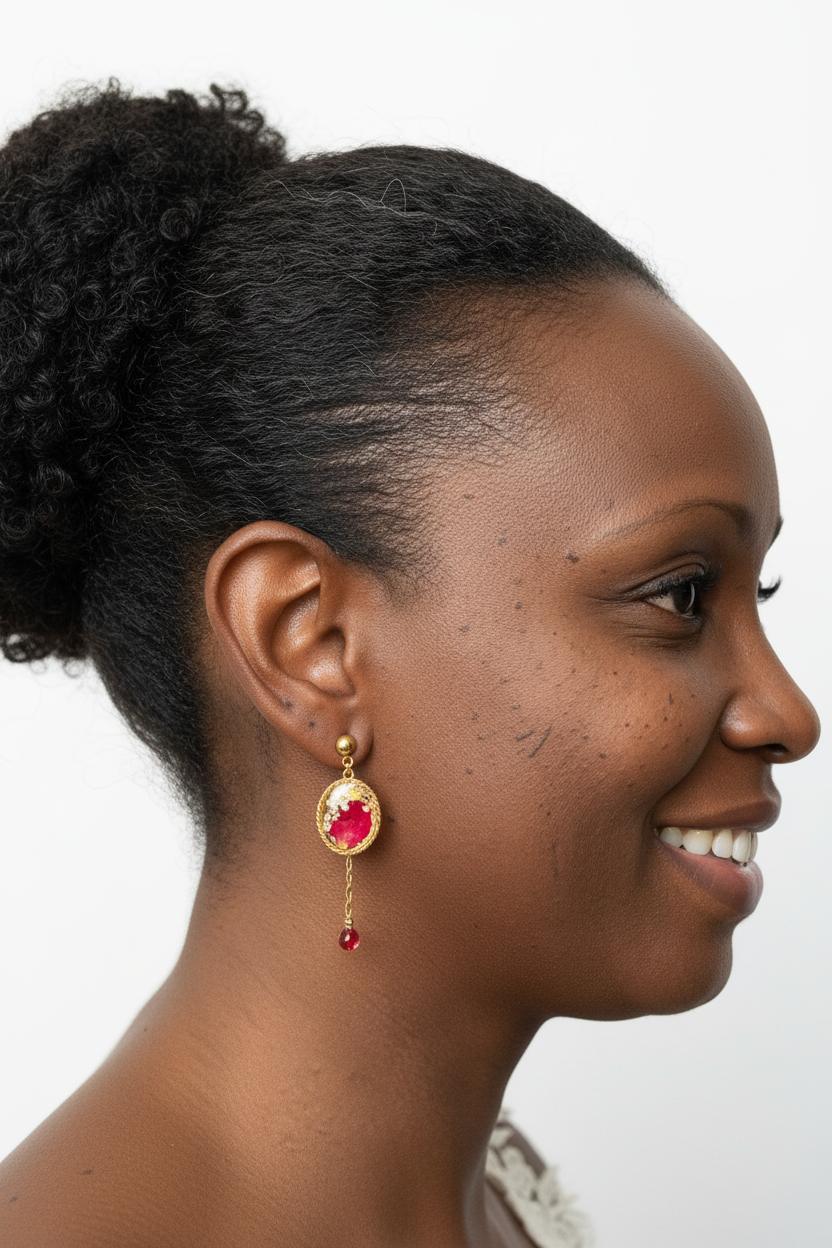 Boucle rose rouge portée de profil fond blanc