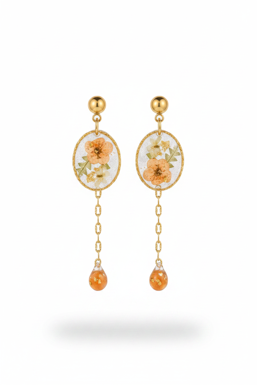 Boucles fleurs blanches résine irisée en lévitation