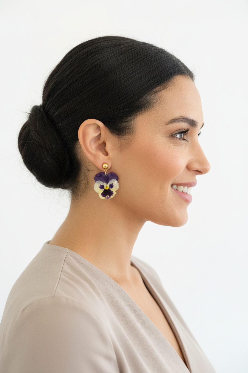 Boucles d'oreilles Mylène - pensée séchée résinée portées